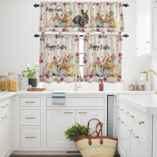 Easter Kitchen Curtains Set Pink Daisy Blue Flower Yellow 2