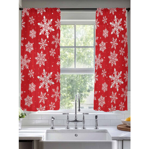 Snowflake Sheer Curtains Red White 52x72 in Light Filtering 1