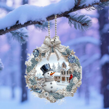 Christmas Snowman Wreath Pendant Blue White Crystal Bow