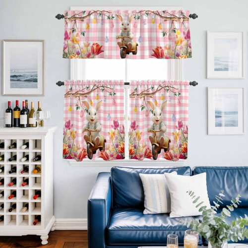 Easter Bunny Bike Tulip Egg Kitchen Curtains Pink Plaid 1