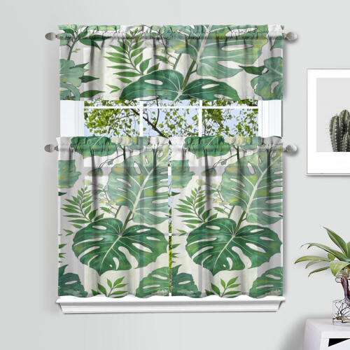 Green Tropical Leaf Kitchen Curtain Valance Set 36 inch 1