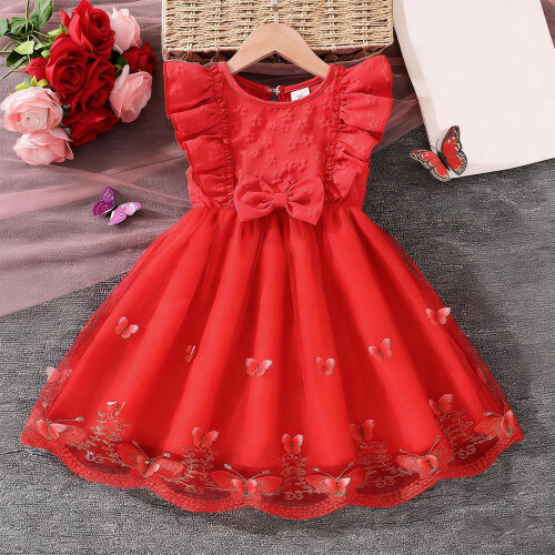 Ärmelloses Mädchenkleid mit Schleife, flatternden Ärmeln und 3D-Effekt 2
