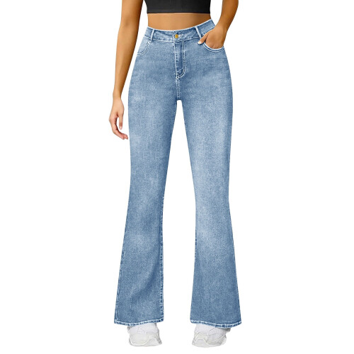 Schmal geschnittene Damen-Bootcut-Jeans mit Taschen 1