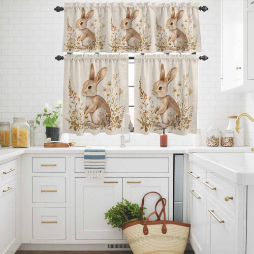 Easter Rabbit Kitchen Curtains Set Spring Floral Retro 2