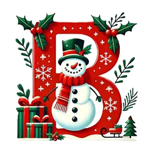 Red Initial Christmas Ornament Acrylic Snowman with Green 1