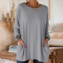 Women's Casual Long Sleeve Top Round Neck Pocket