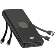 Portable 10000mAh power bank with built-in cables and LED