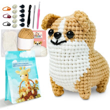 Haakpakket voor beginners met een Corgi-hondje, inclusief instructies.