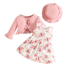 Conjunto de vestido floral para niña pequeña con cárdigan y gorro rosa
