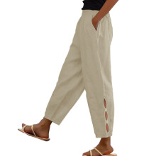 Damen-Leinenhose mit weitem Bein und hohem Bund, Khaki, Größen S-3XL