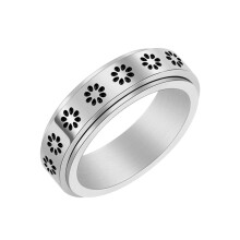 Schwarzer Edelstahl-Partnerring mit Blume, 6 mm, glänzend silber