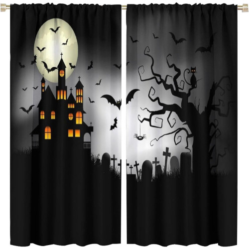 Cortinas Blackout de Halloween com Estampa de Castelo, Lua, Morcego e Gato (52x84)