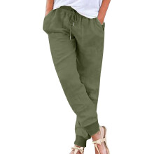Women's Cotton Linen Tapered Pants with Elastic Waist and