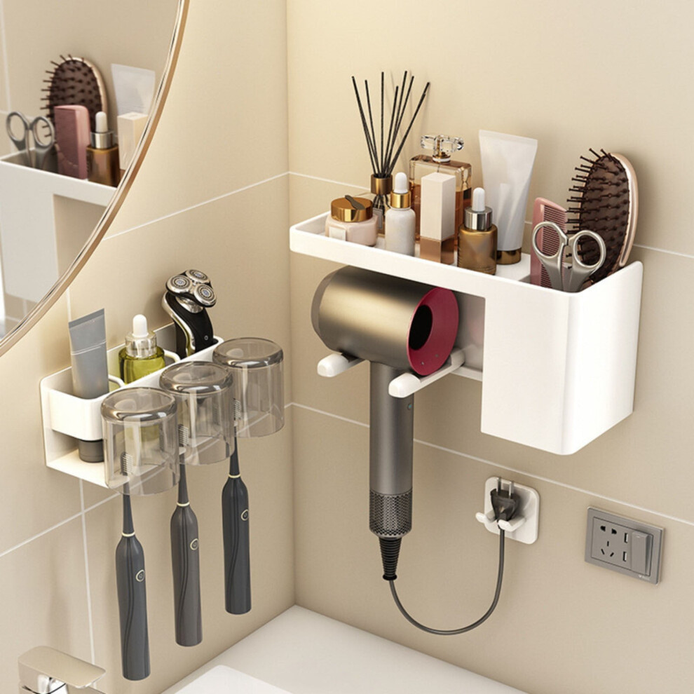 Hair Dryer Rack Wall-Mounted White Organizer with Clips