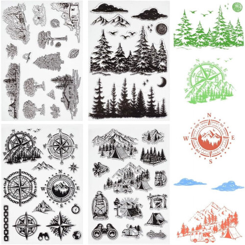 Σφραγίδες Compass Mountain Tree Vintage Style, συσκευασία 4 τεμαχίων