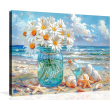 Canvas wanddecoratie met oceaanlandschap, drijffles en madeliefje.