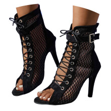 Dames enkellaarsjes met open neus, vetersluiting, stilettohakken en mesh