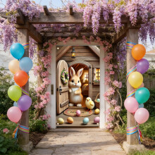 Striscione di Pasqua per la porta, coniglietto carino con vestito rosso, uovo e fiori