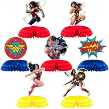 Zestaw centralnych dekoracji stołu Wonder Woman w kształcie plastra miodu, 7 elementów