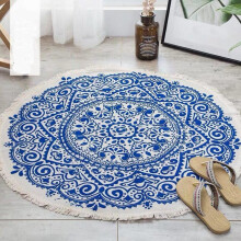Alfombra redonda azul y blanca con estampado tradicional de 36x36 pulgadas.