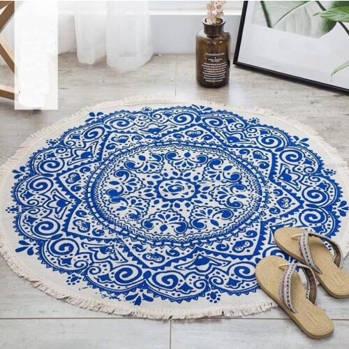 Tapete redondo azul e branco com padrão tradicional, 91 x 91 cm (36 x 36 polegadas)