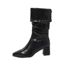 Botas femininas de cano médio, casuais, de inverno, com bico fino em PU.