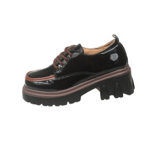 Damen-Loafer aus PU-Leder, runde Zehenpartie, Schnürung, dicke Sohle