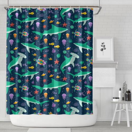 Badrumsdraperi för barn Shark Zone 72x84 tum Vattentät polyester 2