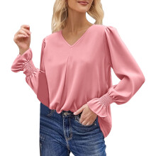Damestuniekblouse met lange mouwen en V-hals, roze, maat S