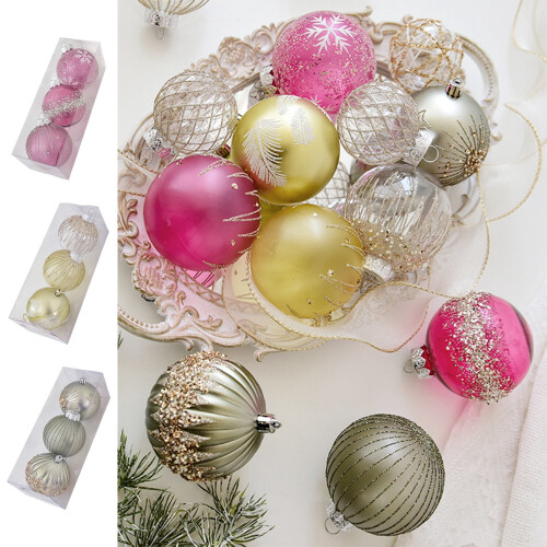 Pink Glitter Christmas Balls with Silver Cap and Snowflake