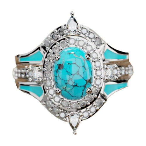 925 Sterling Silver Turkos Månsten Ring Set 3 Delar