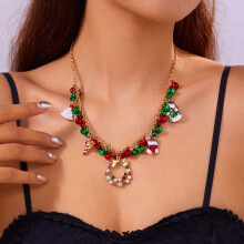 Boho-Weihnachtskette für Damen, rot-grün, Perlenkette