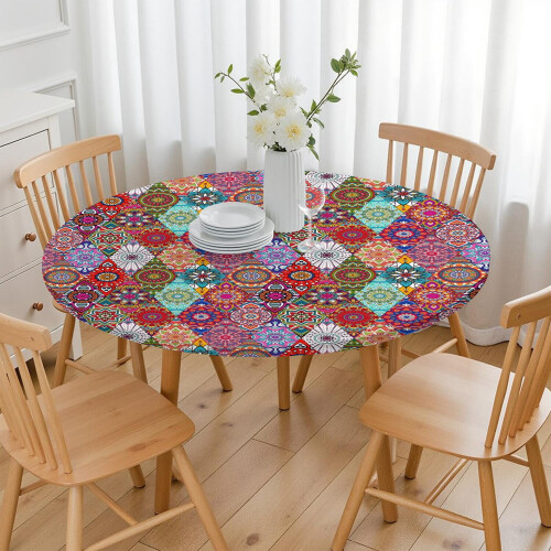 Toalha de mesa redonda boho em tecido Oxford impermeável de 45 a 52 polegadas 2