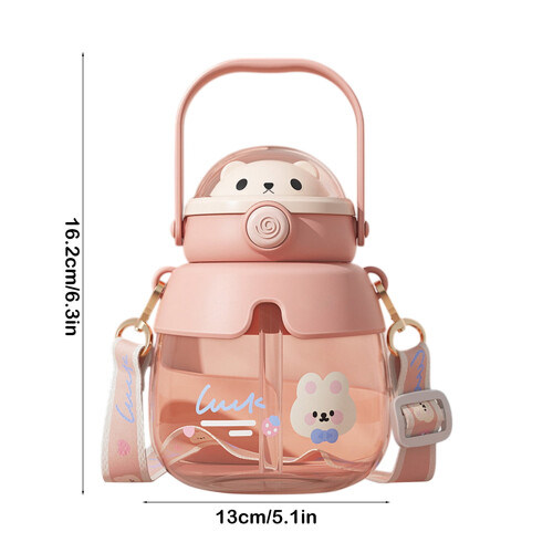 Gourde Kawaii rose avec paille et sangle ajustable 2