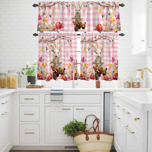 Easter Bunny Bike Tulip Egg Kitchen Curtains Pink Plaid 2