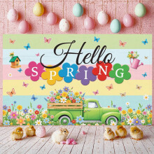 Banner floral primaveral con mariposa, camión vintage y arcoíris
