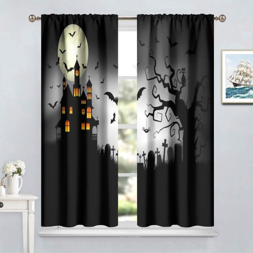 Cortinas Blackout de Halloween com Estampa de Castelo, Lua, Morcego e Gato (52x84) 2