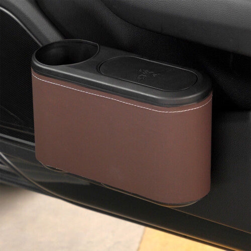 Lixeira para carro com porta-copos e compartimento para guarda-chuvas.