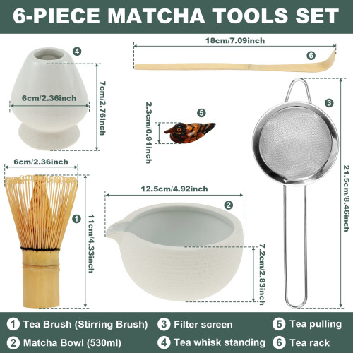 Set di fruste per matcha con ciotola in ceramica e colino (6 pezzi) 2