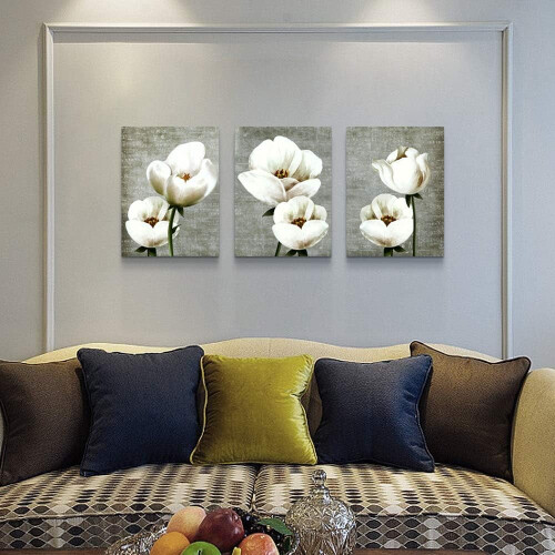 Ensemble de tableaux abstraits de fleurs blanches sur toile grise et verte (3) 1
