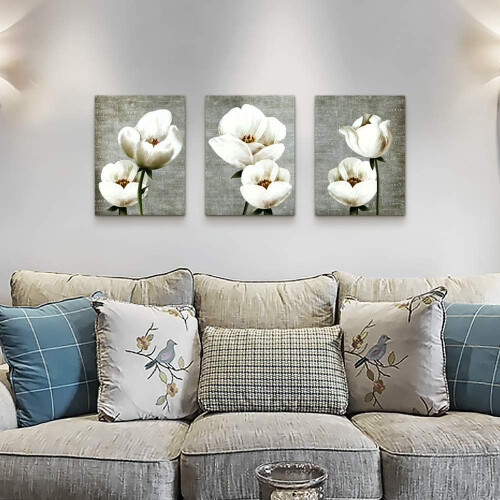 Ensemble de tableaux abstraits de fleurs blanches sur toile grise et verte (3) 2