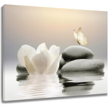 Tableau mural zen sur toile avec fleur blanche et papillon jaune