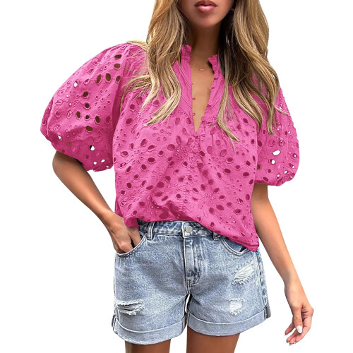 Damenbluse mit Spitzenstickerei und Cut-Outs
