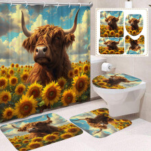 Ensemble de salle de bain style ferme, motif vache des Highlands, 4 pièces