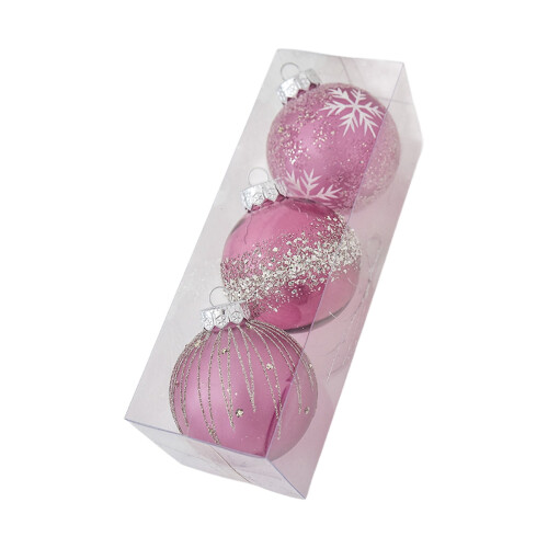 Pink Glitter Christmas Balls with Silver Cap and Snowflake 1