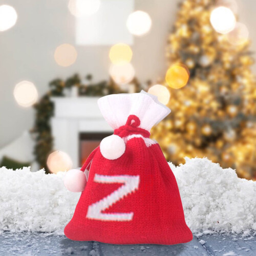 Christmas Knit Drawstring Gift Bag Red White Santa Sack 1