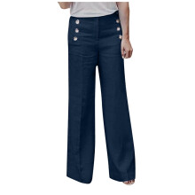 Damen Palazzo-Hose aus Baumwoll-Leinen-Mischgewebe, hoher Bund, weites Bein, Marineblau
