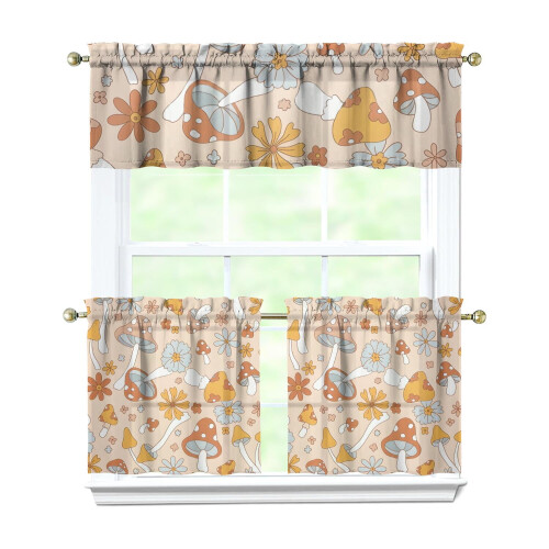 Mushroom Pattern Kitchen Curtains Set of 3 27.5x24 in