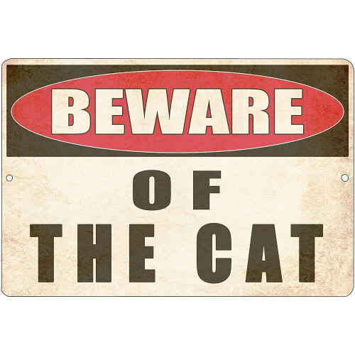 Placa de metal para parede: Cuidado com o gato, 30x20cm
