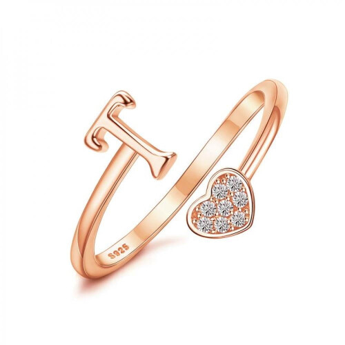 Sterling Silver Heart Initial Ring Rose Gold Plated
